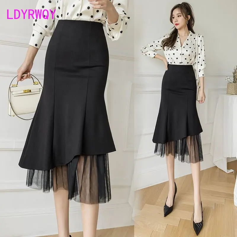 Mesh paneled fishtail skirt skirt mid-length 2023 new ruffled hip skirt stretch mesh paneled fishtail skirt skirt mid length 2023 new ruffled hip skirt stretch