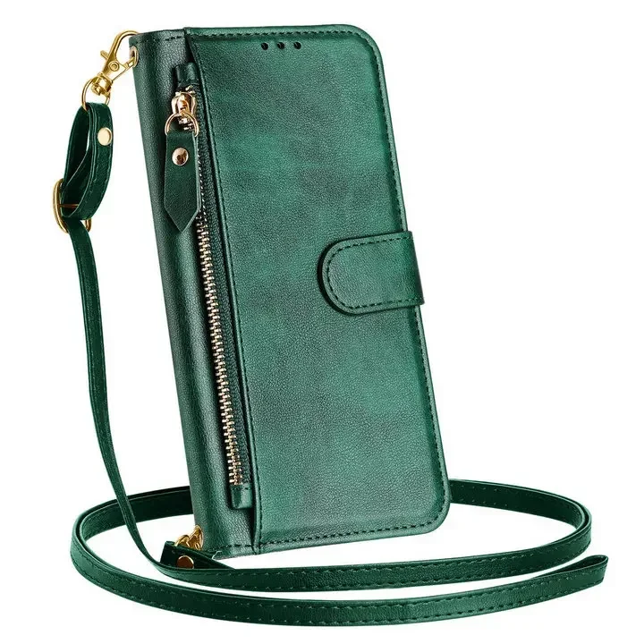 Enhanced Faux Leather Crossbody Zipper Wallet Case with Flip Book Cover