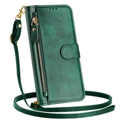 Enhanced Faux Leather Crossbody Zipper Wallet Case with Flip Book Cover for Pova 7 5G (Green - Long Strap)