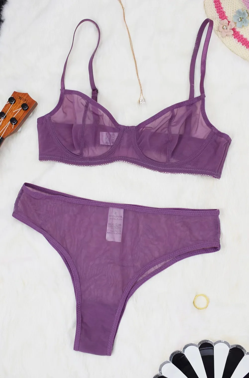 Sexy lace mesh see-through bra briefs set triangle cup small chest gathered bra steel ring women's lingerie two-piece bralette