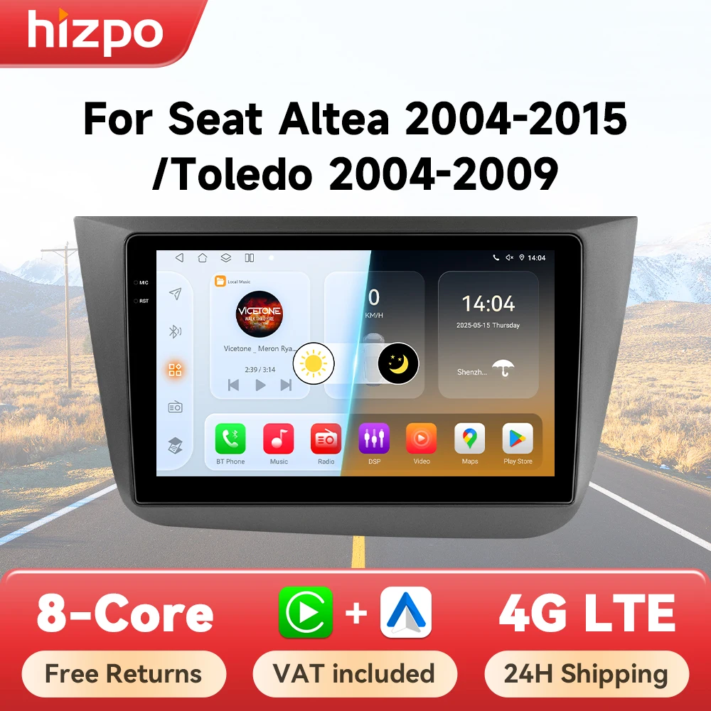 Hizpo 9-Zoll-AI-Sprachradio für Seat Altea 2004-2015 Toledo 2004-2009 Auto-Multimedia-GPS-Stereoanlage mit kabellosem CarPlay, Android Auto und 4G