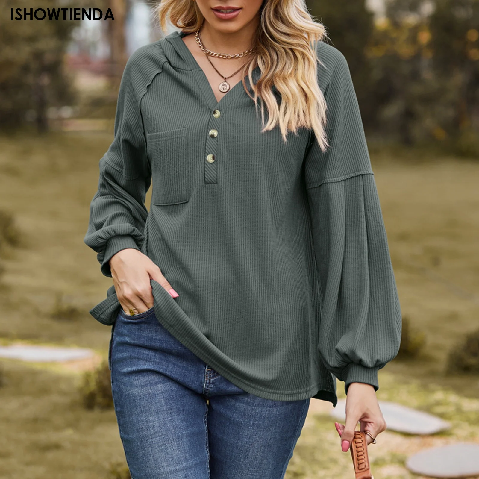 

Women's V Neck Solid Hoodies Long Sleeve Emale Casual Button Sweatshirts Fashion Ladies Clothes Patchwork Pullover Tops Pockets