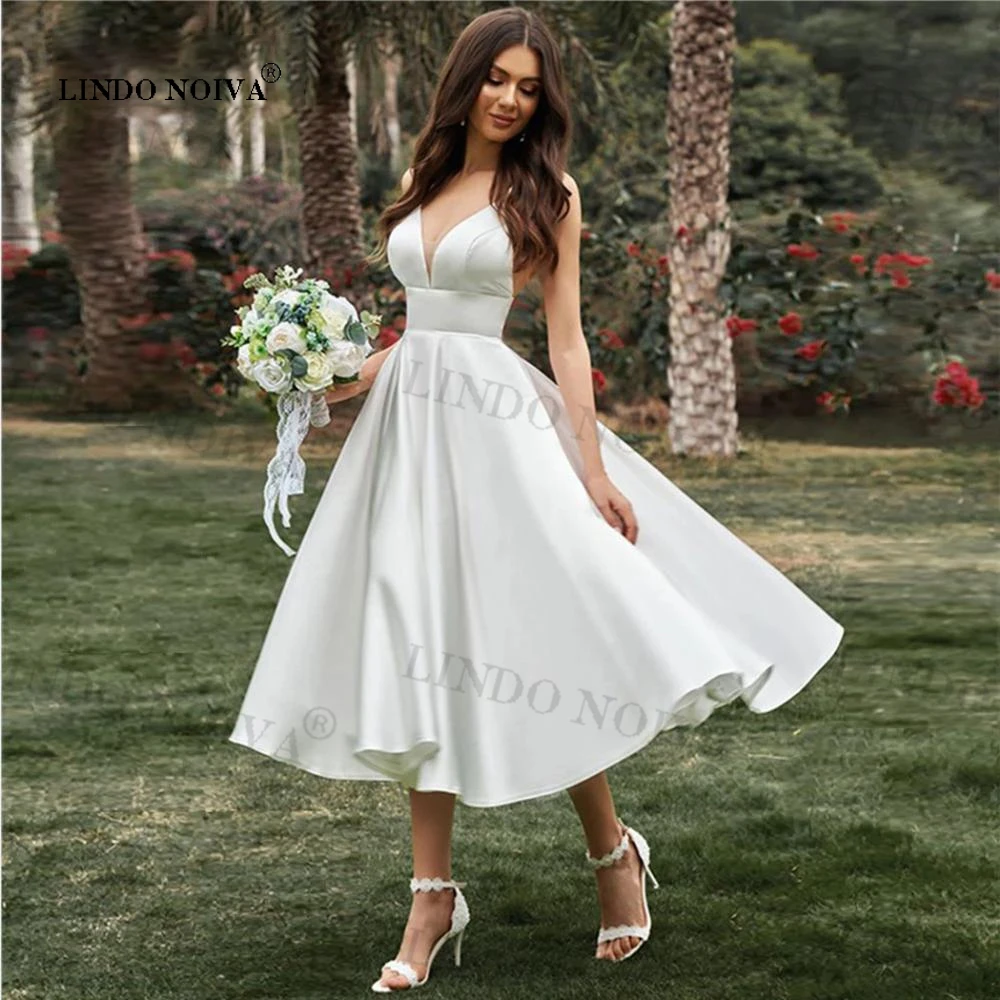 

LINDO NOIVA 2023 Simple Short Spaghetti Straps Wedding Dresses New Tea-Length A Line V Neck Sexy Bridal Gowns Robe De Mariee