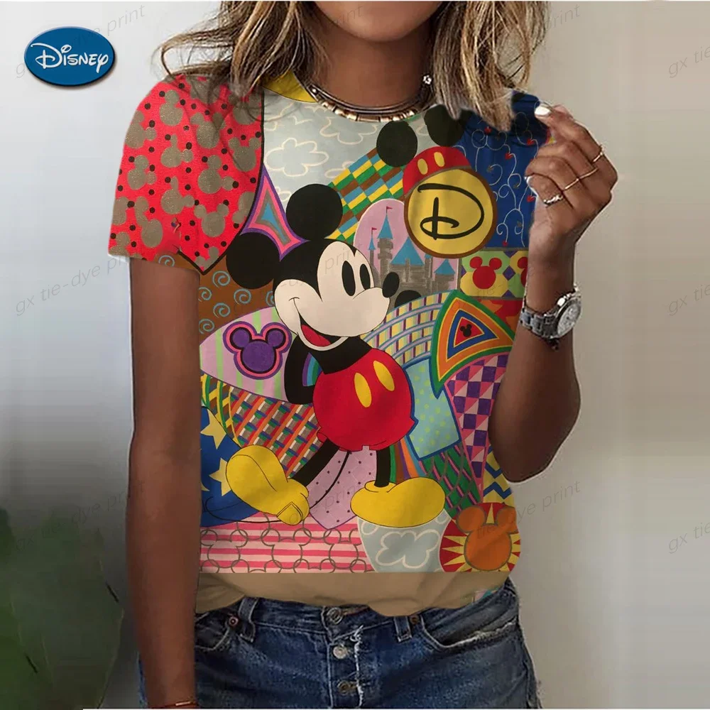 Disney Mickey Mouse Print Summer T Shirt for Women Oversize T-shirt Round Neck Clothes Pulovers Top Graphic T Shirts Casual 2