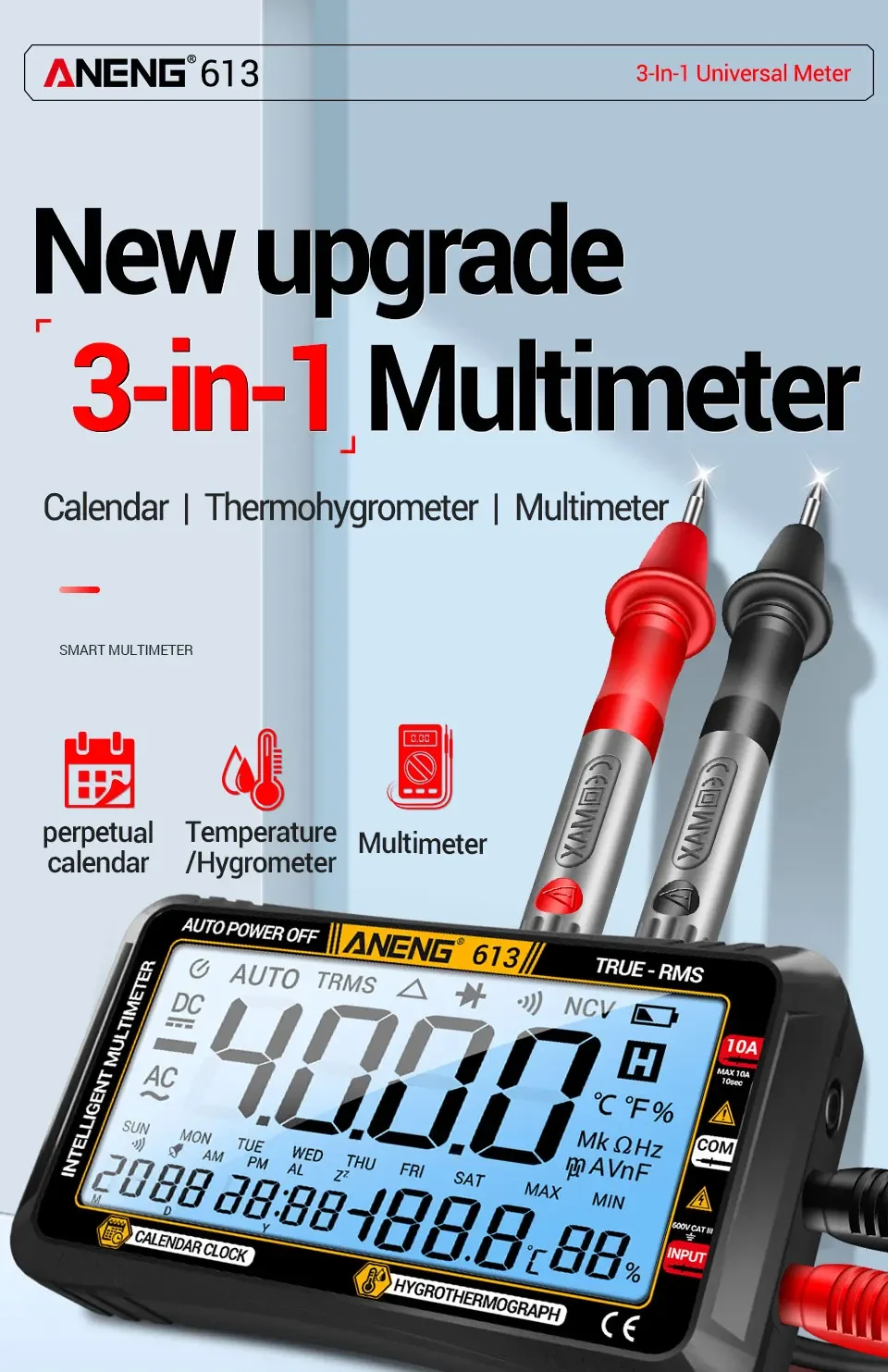 Description Picture 3 of itemANENG 613 Smart Multimeters 4000 Counts 10A Current 600V Voltmeter Test DC/AC Voltage Capacitor Tester Alarm Clock Set Tools