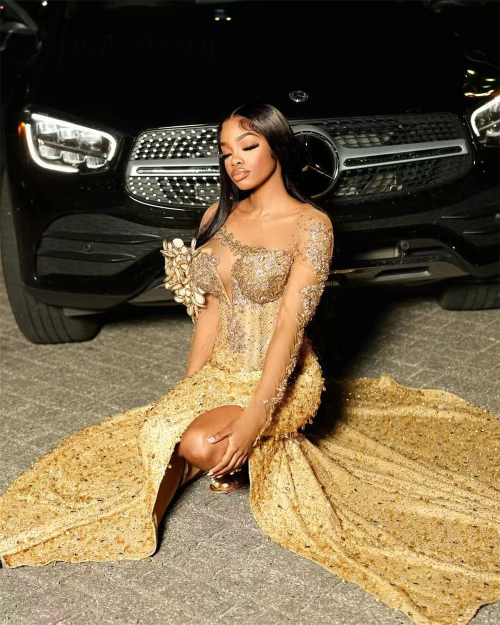 green emerald velvet dress Gold Mermaid Prom Dresses For Black Girls Spaghetti Zipper Back Sweep –  formalgowns main image 0