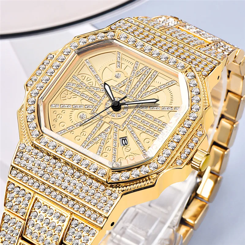 Men Big Brand Golden Watches Hip Hop Full Diamond Luxury Fashion Alloy Band Simple Date Quartz Watch Montres de Marque de Luxe
