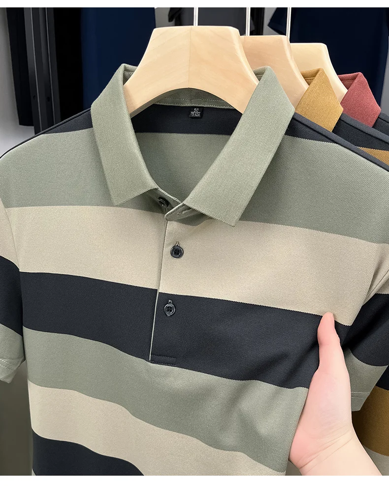 High end fashion men short sleeve polo shirt summer trend stripe men's wear middle-age business casual breathable lapel T-shirt 25 Saec85ad0f85c432c85e7dfa0c3e79cabk