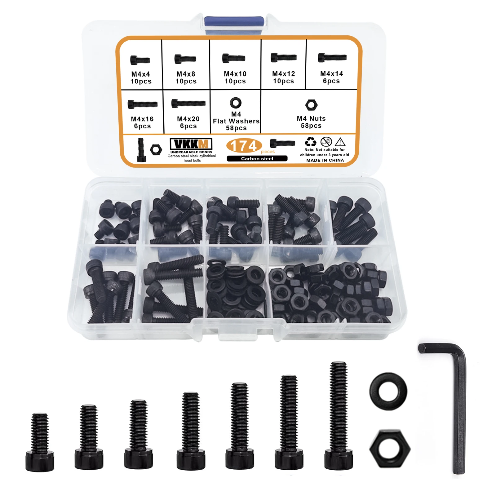 Description Picture 2 of itemBlack Cup Head Hexagon Bolt, M4 X 4/8/10/12/14/16/20mm Hexagon Head Screw Washer, Nut Set, Allen Sleeve Drive -174 Pieces