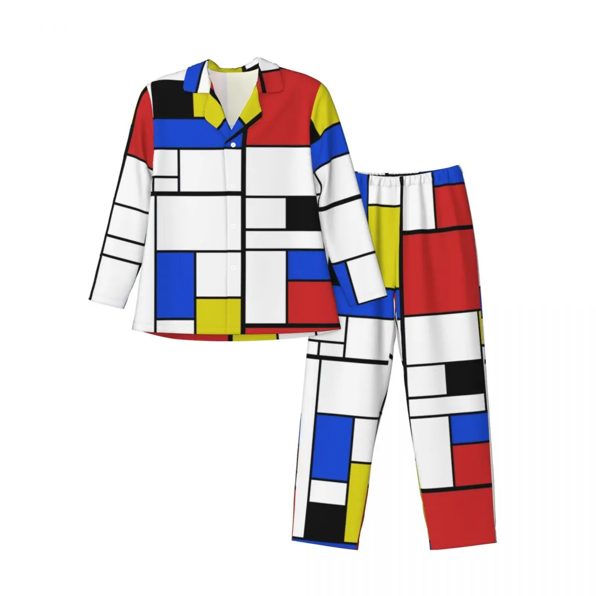 Men Pyjamas Mondrian Line Pajama Sets Colorful Plaid Soft Sleepwear Men Long Sleeve Vintage Bedroom Two Piece Home Suit Big Size XL 2XL