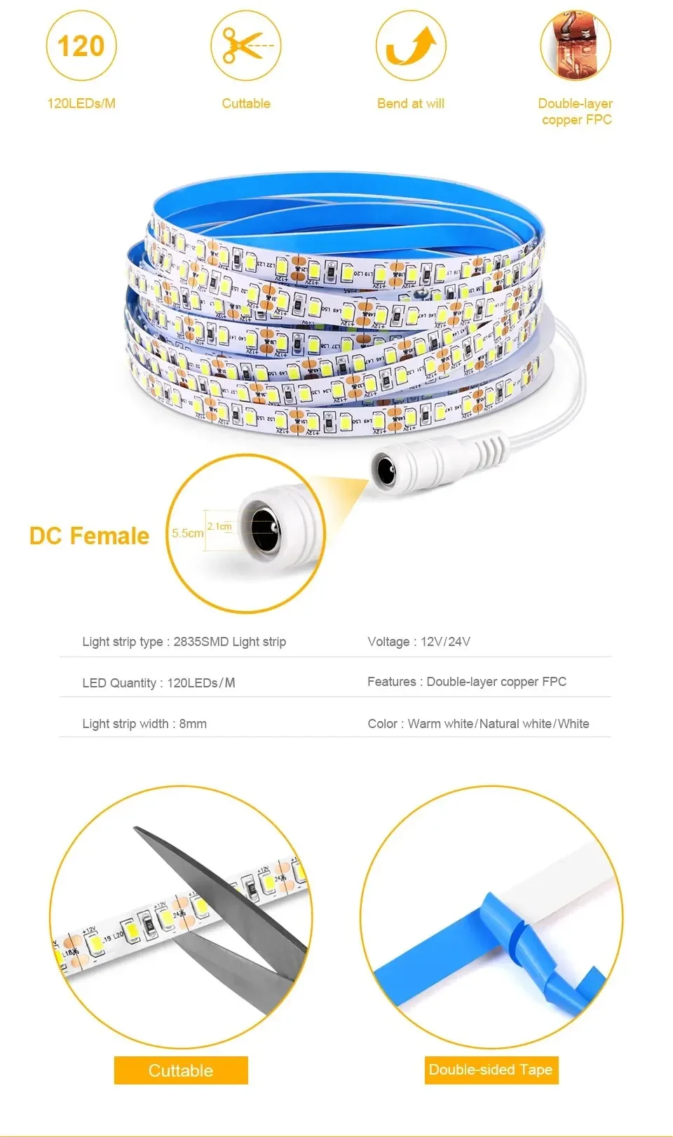 Description Picture 3 of itemHigh Quality Double Layer Copper PCB LED Strip Lights 12V 2M 3M 5M 120LED/M SMD 2835 Diode Lamp Tape Ribbon for Room Decoration