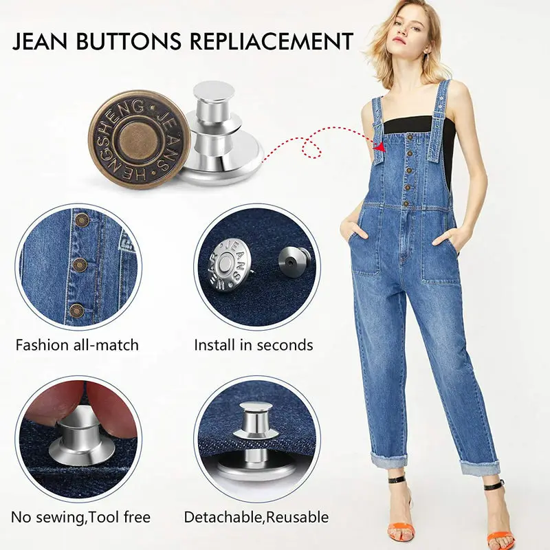 6pcs Perfect Fit Instant Button, Instant Buttons, Jean Replacement Buttons Removable Button No Sew Buttons to Extend or Reduce An inch to Any Pants