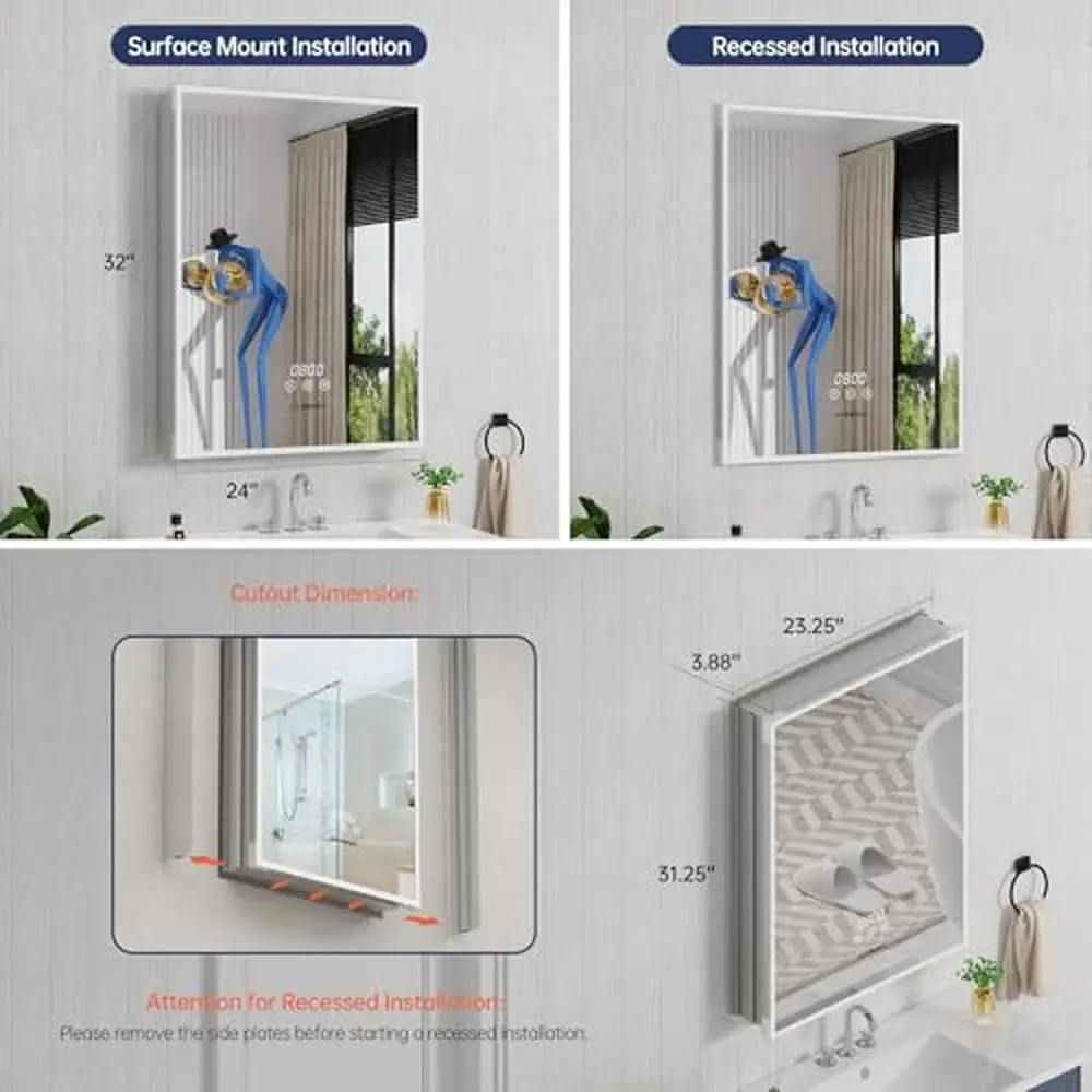 Aluminum Glass Medicine Cabinet with Lights Surface Recessed Cabinet