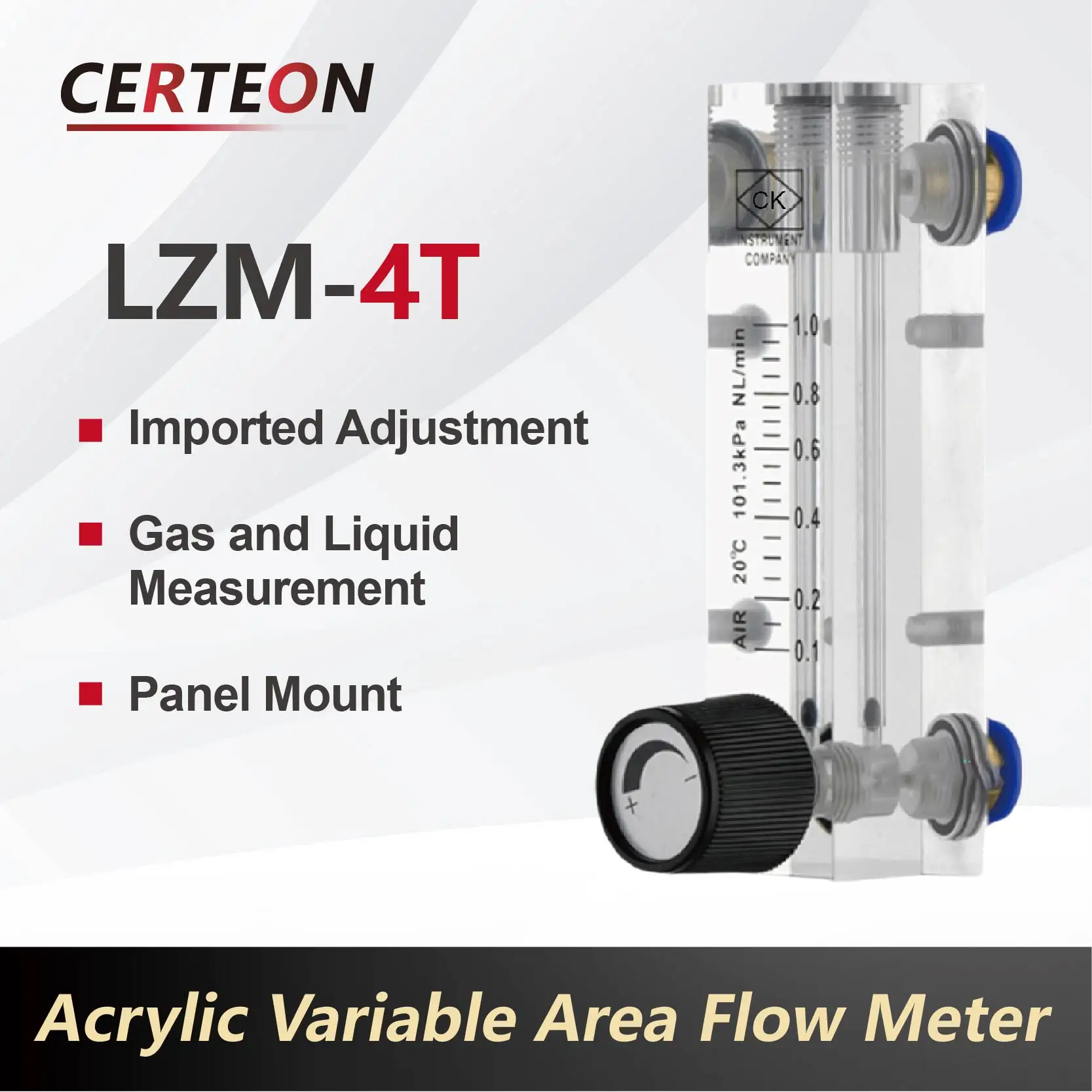 LZM-4T Acrylic Flow Meter Adjustable Gas Rotameter Panel Mount Design with Control Valve for Precision Air Flow Regulation