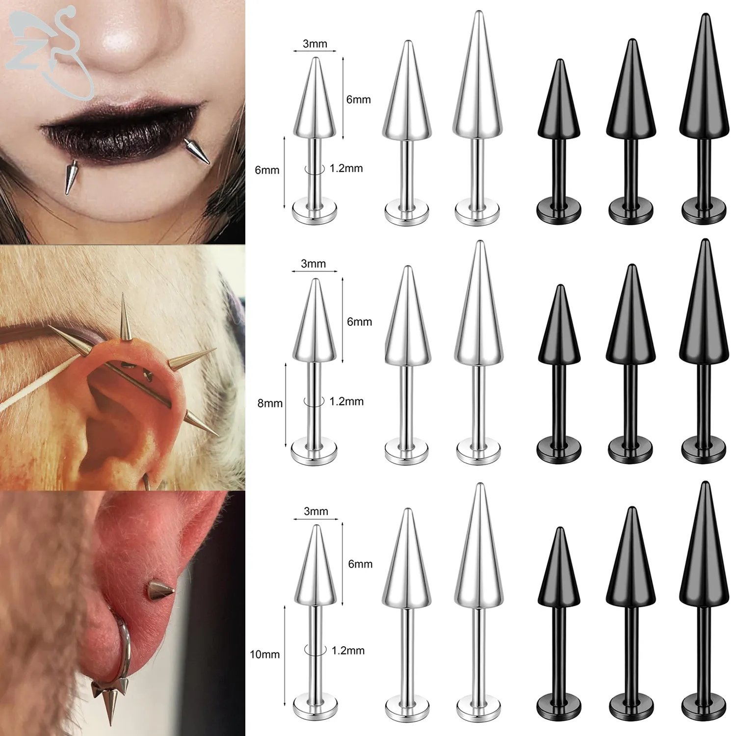 

ZS 1 Piece Punk Long Spike 16G Stainless Steel Labret Lip Piercing Externally Threaded Cone Cartilage Conch Piercings 6/8/10MM