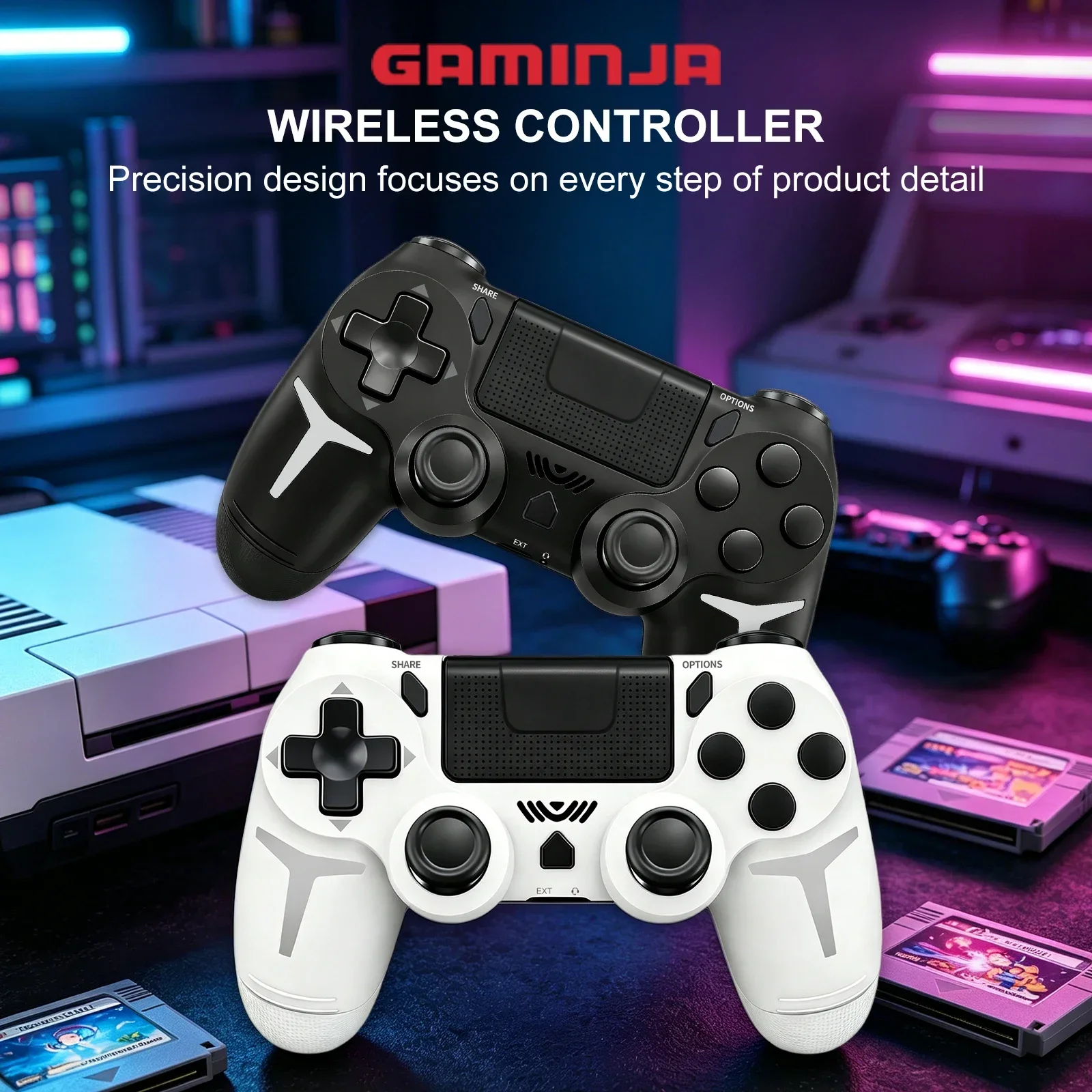 جهاز تحكم لاسلكي GAMINJA مزود بمستشعر حركة سداسي المحاور واهتزاز مزدوج ولوحة لمس، متوافق مع أجهزة PS4 وPS3 والكمبيوتر الشخصي.