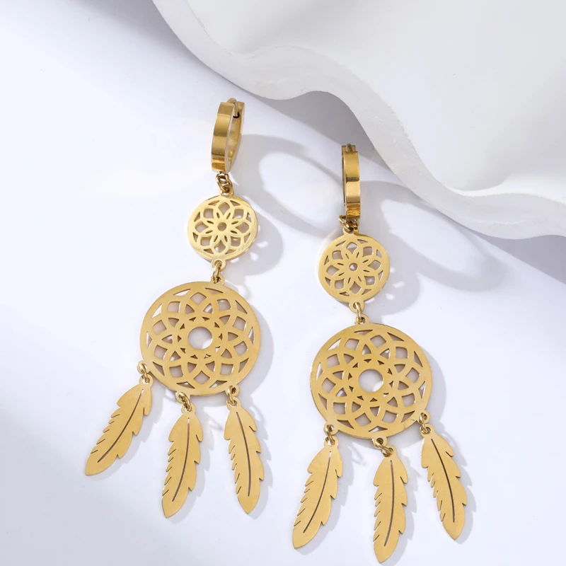 EILIECK 316L Stainless Steel Feather Dream Catcher Dangle Earrings For Women 2024 New Fashion Ear Drop Waterproof Jewelry Gift 4