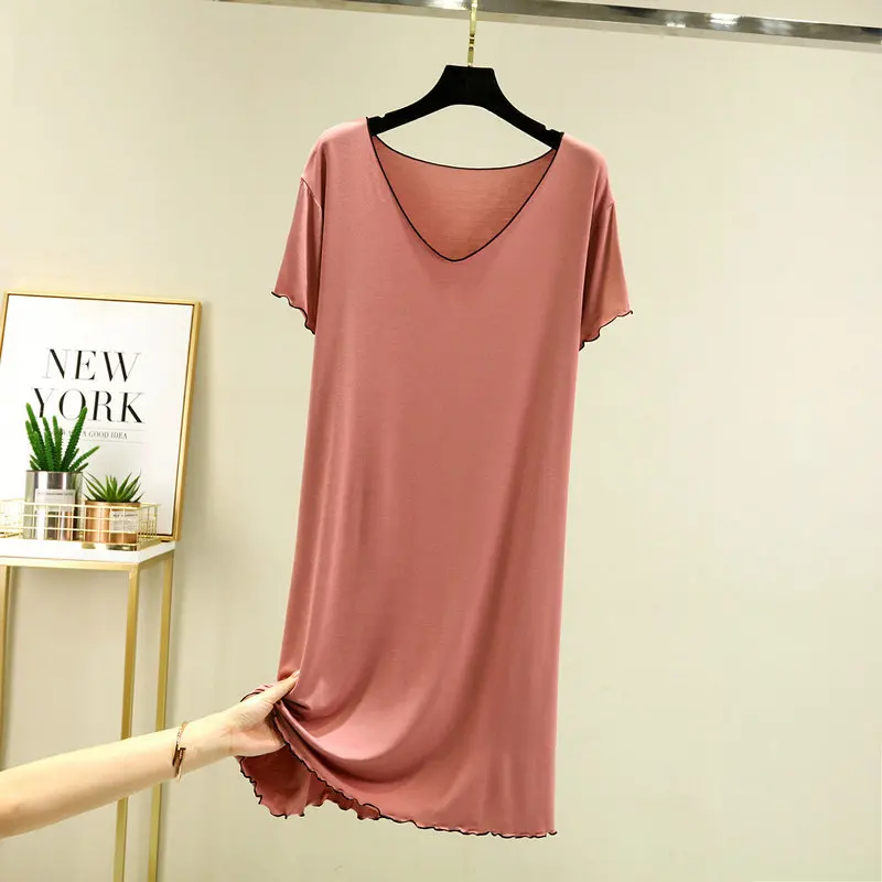 Casual V-ausschnitt Nachtwäsche Kleid Einfarbig Kurzarm frauen Nachthemden Sommer Nachthemd Weibliche Lounge Hause Tragen Nacht Hemd – Detail 16