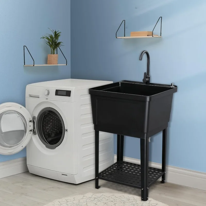 Utility Sink Laundry Tub for Washing Room, 23.6"×23.6"×36.2" Freestanding Utility Sink with Stainless Steel Faucet, Black 5