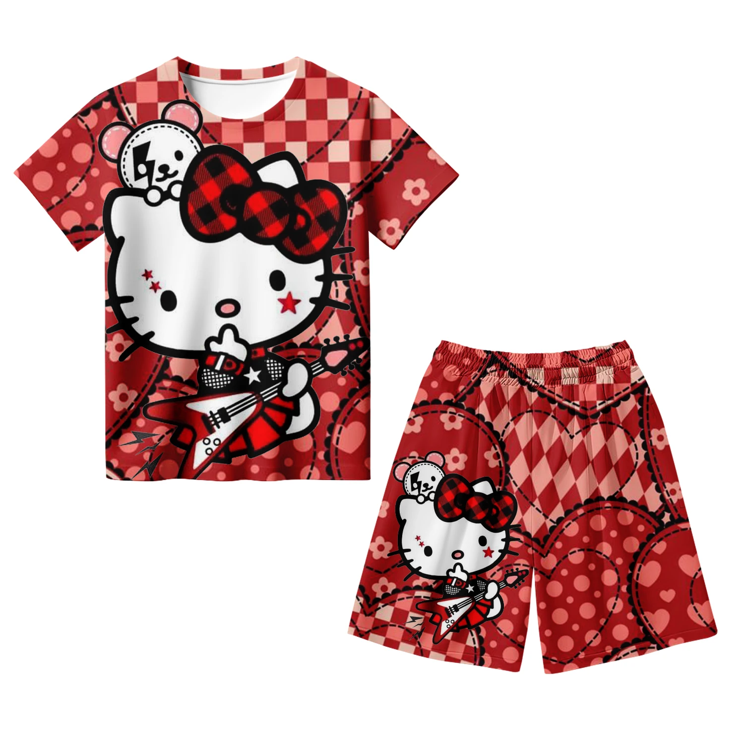 طقم تيشيرت وسراويل قصيرة الأكمام للأطفال طباعة ثلا...