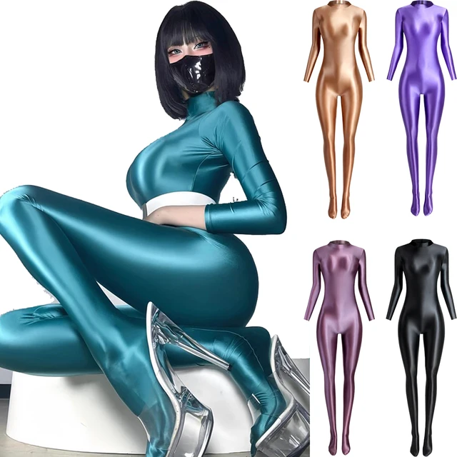 MJINM Glossy Silky Smooth Satin Long-sleeve Back Short Zipper Tight Gym Fitness Bodybuilding Jumpsuit Bodysuit Playsuit Overalls 1