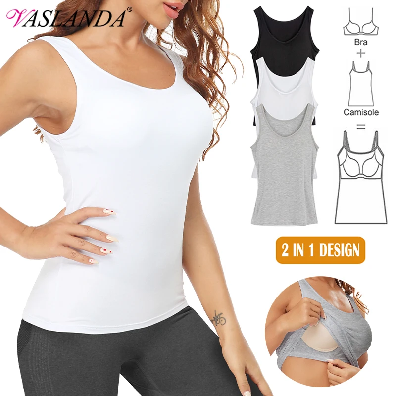 Women Camisoles Built-in Shelf Bra Basic Tank Top Spaghetti Strap Undershirt  Padded Bras Underwear Yoga Tops Sleeveless Shirts - AliExpress