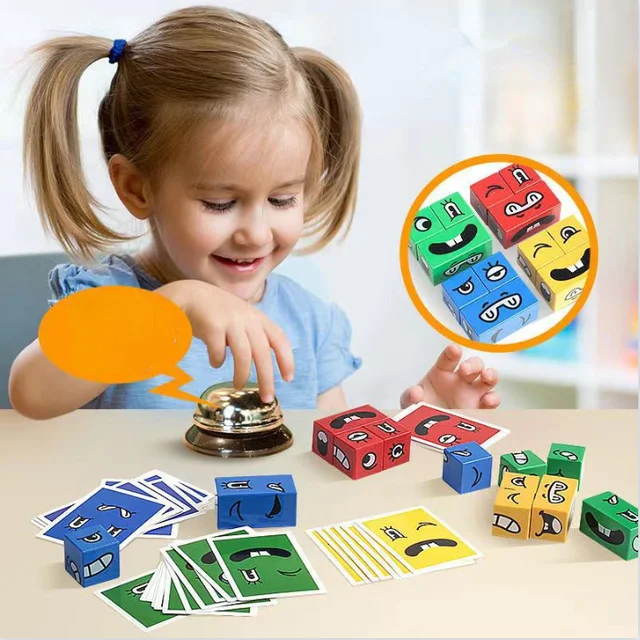 Children's Cube Table Games Educational Toys Face Blocks Cube Building Block Puzzle Interactive Game Challenge Learn Emoticon 4