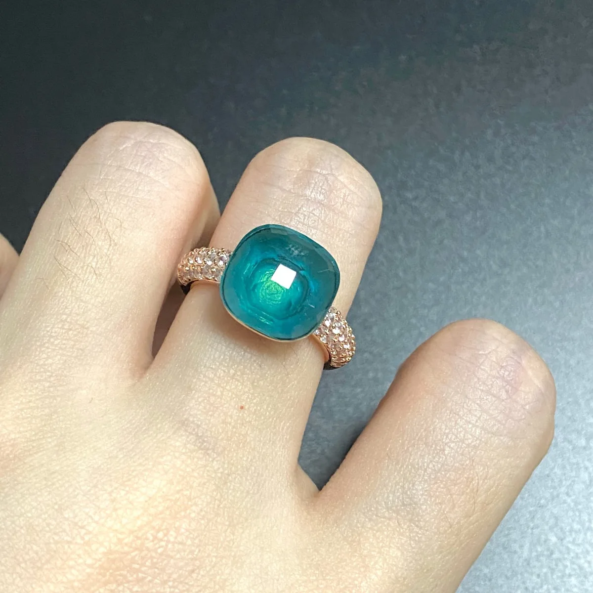 

12.6mm Pomellato Ring For Women Flat Crystal Ring Inlay Zircon Sweet Candy Color Ring Gold Plated Candy Crystal Square Ring
