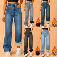 Women Winter Thciken Fleece Warm Denim Jeans Ladies High Street Straight Pants 1
