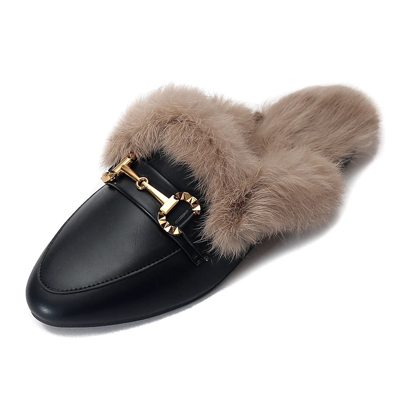 

Women Metal Buckle Fur Flat Mules Flat Mules Fashion Solid Color Closed Toe Plush Slippers Casual Outdoor Furry Warm Slides Hot