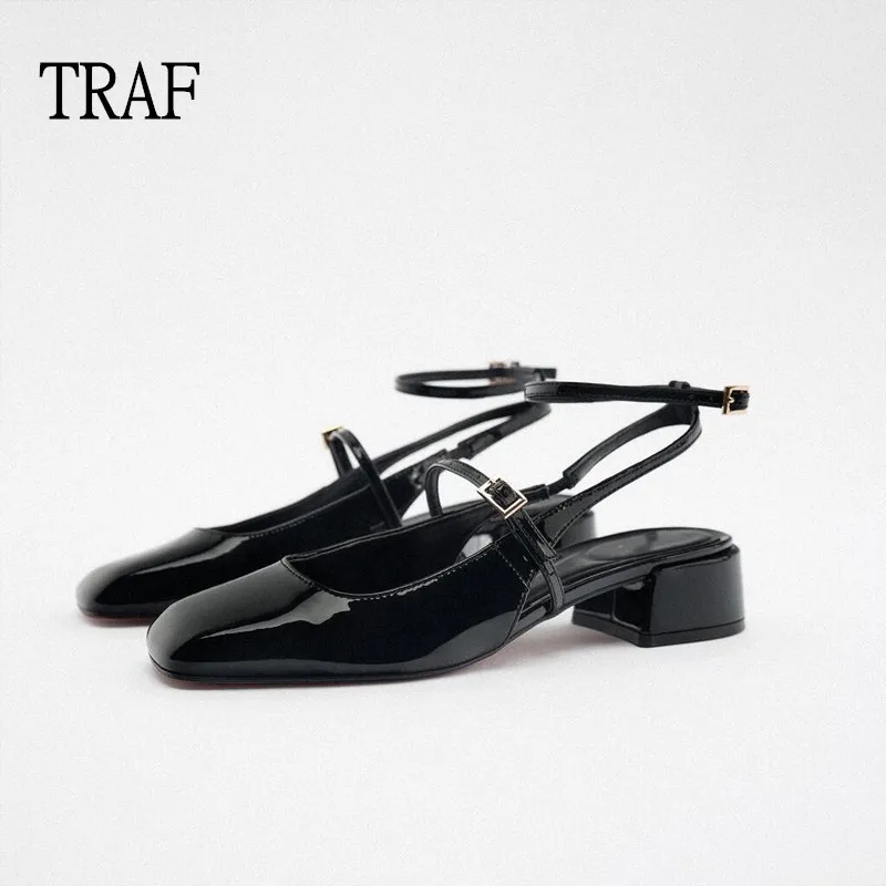 TRAF 2023 High Heels Mary Janes Shoes For Women Pumps Heels Fashion Double Buckle Strap Pumps Woman Black Patent Leather Shoes