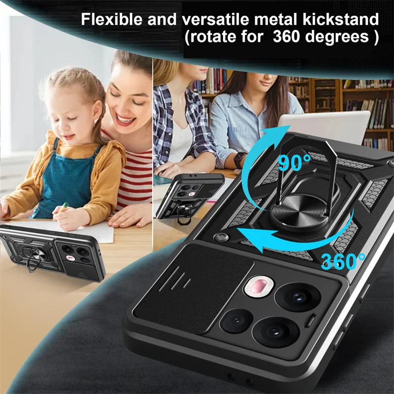 Shockproof Armor Case with Ring Holder and Slide Lens Protection Cover