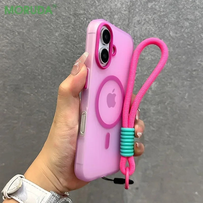 Ultrathin Matte Candy Colored Magnetic Phone Case with Wrist Strap and Magsafe Cover