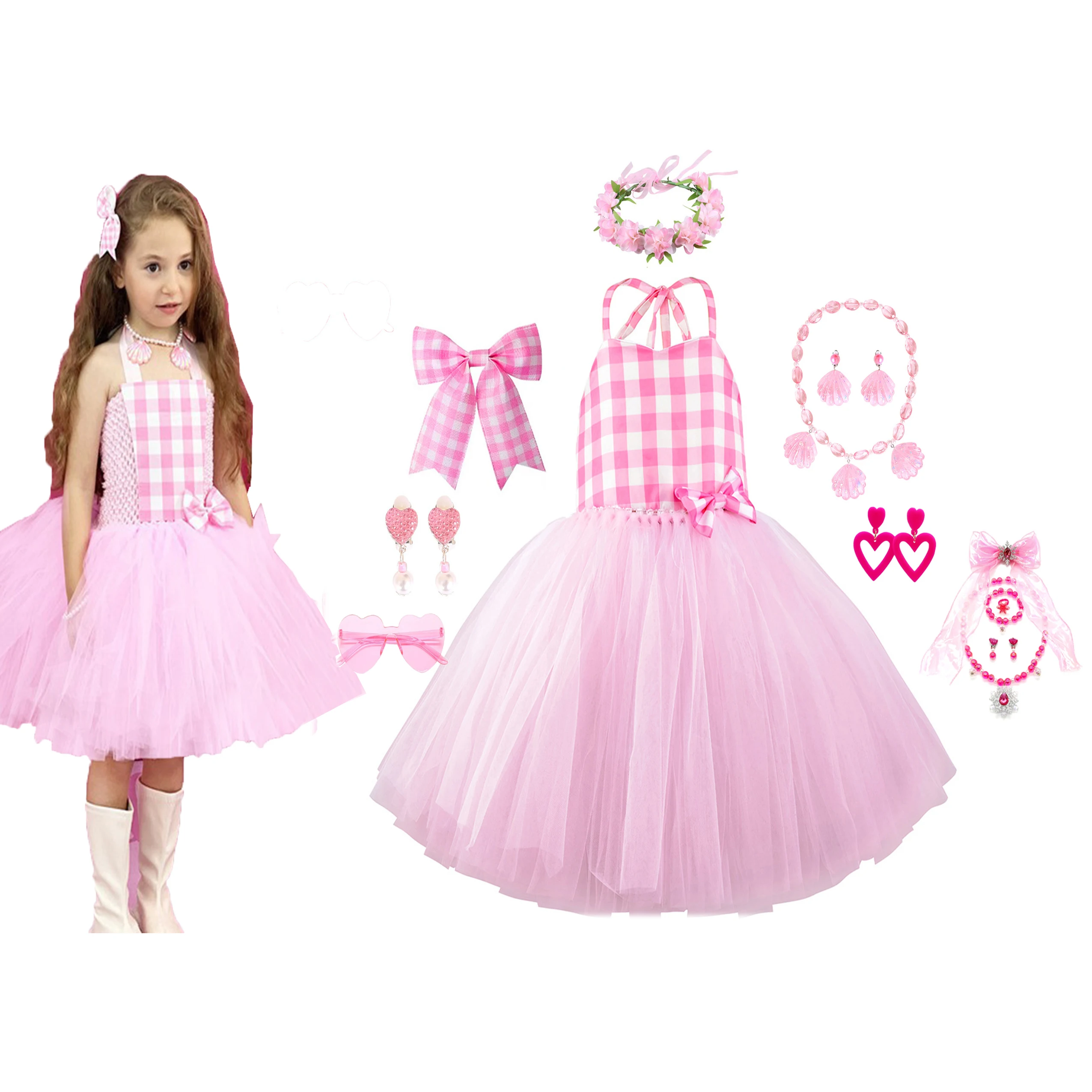 Toddler Little Girls Pink Plaid Tulle Cosplay Costume Girls Birthday Party Dress Little Fancy Halloween Dress Up cosplay costume