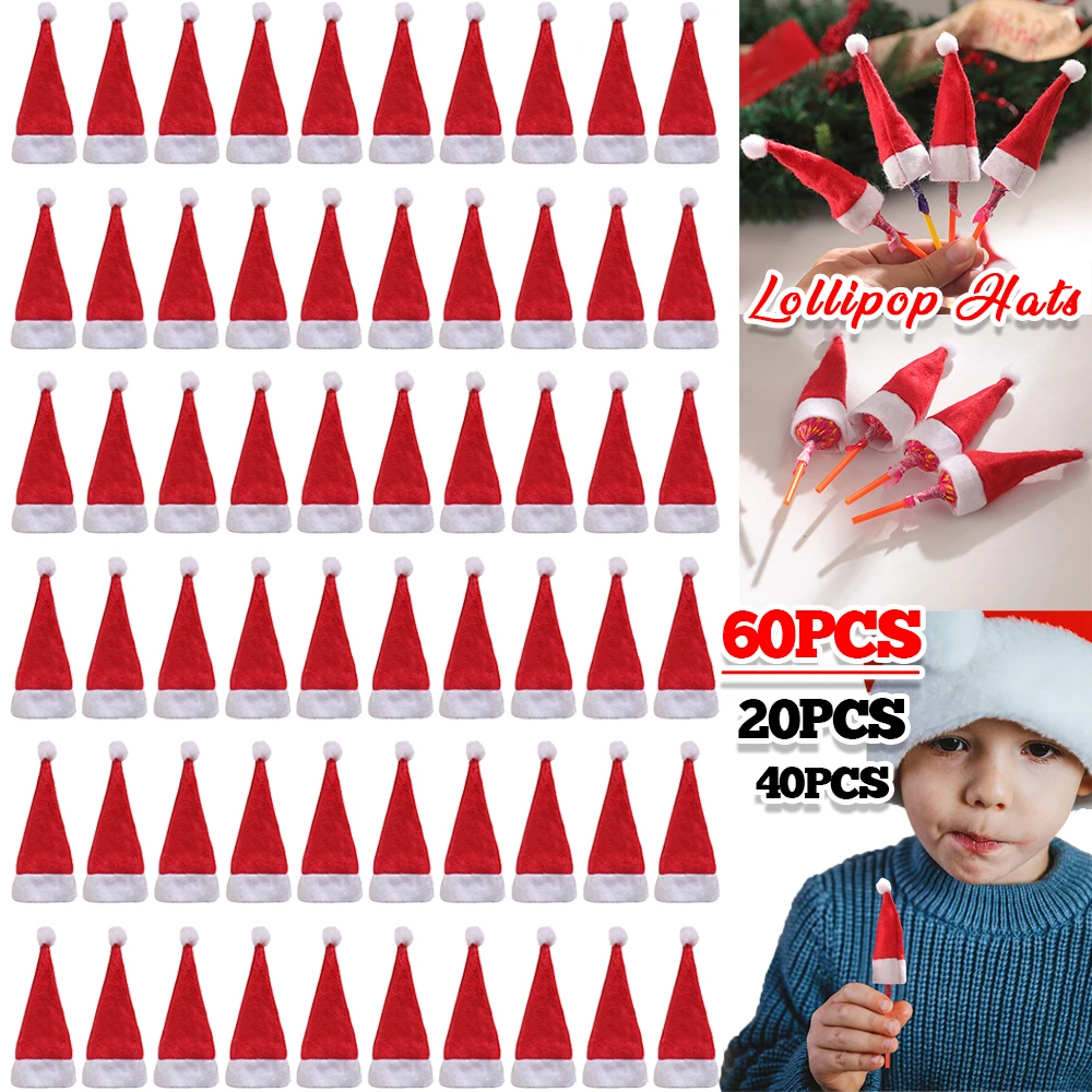 20-60Pc Mini Santa Hat Non-Woven Fabric Lollipops Caps Christmas Wine Bottle Covers Xmas Bottles Holder Table Dinner Decorations