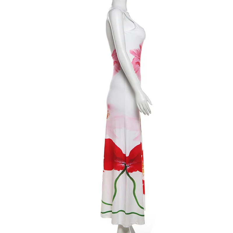 Vestidos de moda con cuello halter ajustado y estampado para mujer, vestido largo elegante sin espalda y cintura alta, vestido de fiesta de verano 2025.