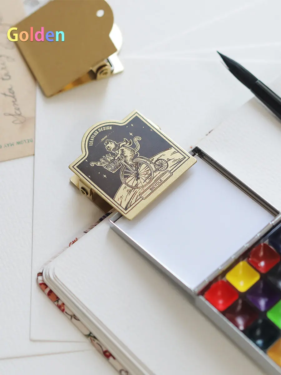 Ideaplus 빈티지 황동 고양이 자전거 노트북 클립 - 수채화 그림용 구리 종이 홀더가 있는 금속 여행 일기장