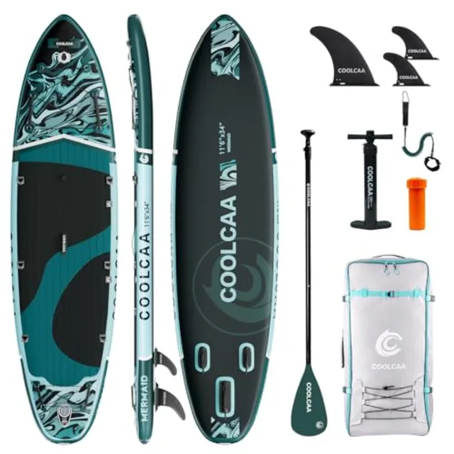 Family beginner SUP for fishing and water activities: 11'6 x 34 extra wide inflatable paddle board durable PVC material blue-gr