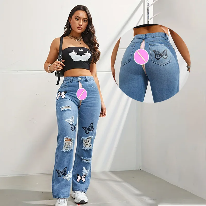 Womens Open Crotch Sex Pants Chic Butterfly Embroidery High-Rise Bell Bottom Flare Ripped Boyfriend Jeans Broad Feet Long Denim