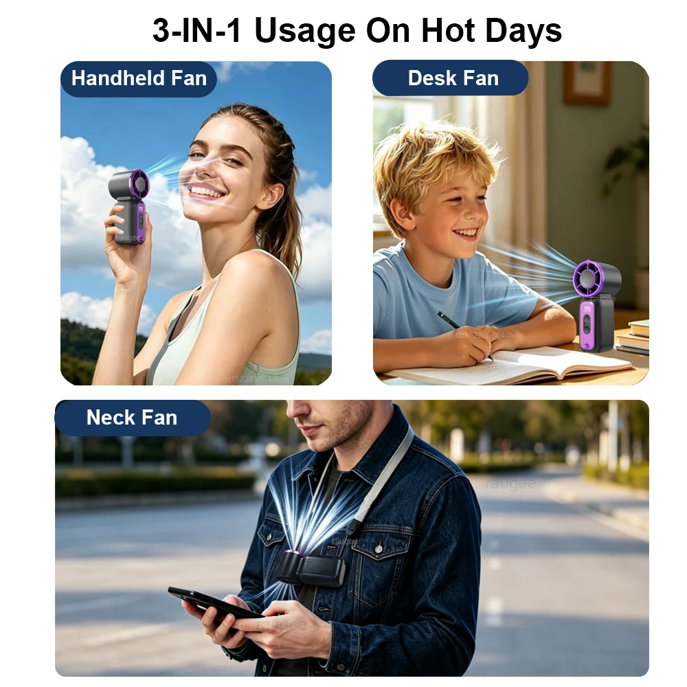 Compact Rechargeable Handheld Fan with Digital Display and LED Lighting
