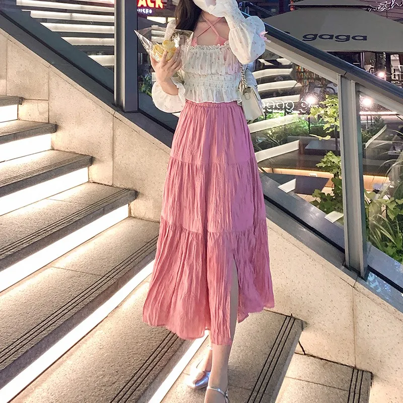 

2023 New Arrival Summer Korean Style Women Loose Casual Pleated Patchwork Skirt All-matched Elastic Waist Mid-calf Skirts V295