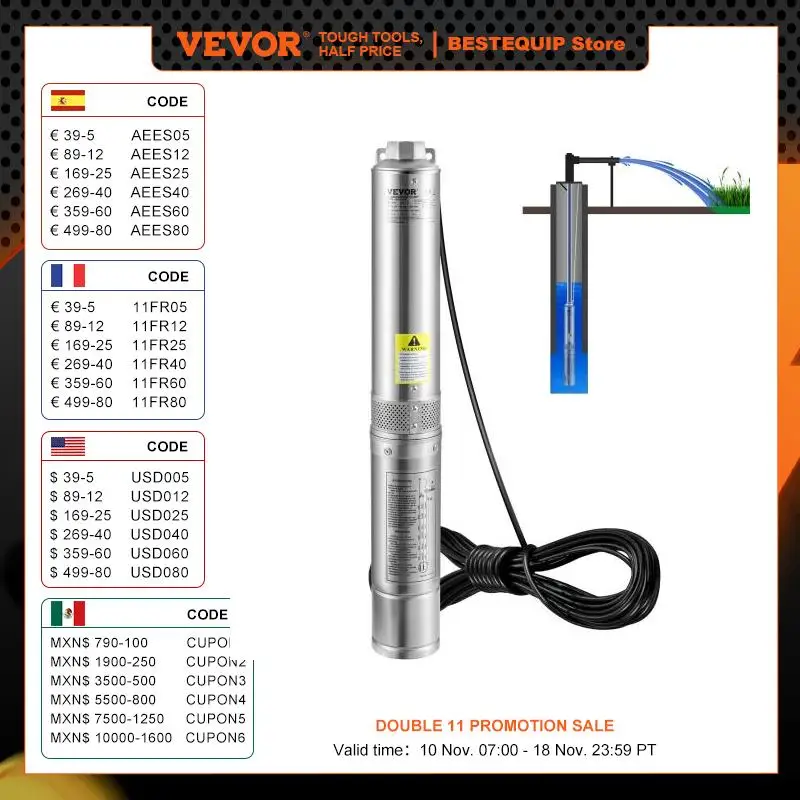 Water Pump VEVOR Deep Well Submersible Pump 0.5/1/1.5/2/3 HP 230V/60Hz Stainless Steel Water Pumps for Industrial, Irrigation & Home Use
