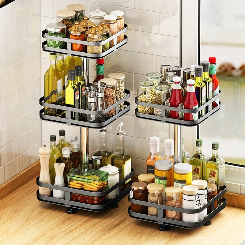 360°Rotation Spice Rack Non-Skid Organizer Jar Carbon Steel Storage Tray For Seasonings And Spices Cans For Kitchen Accessories 6