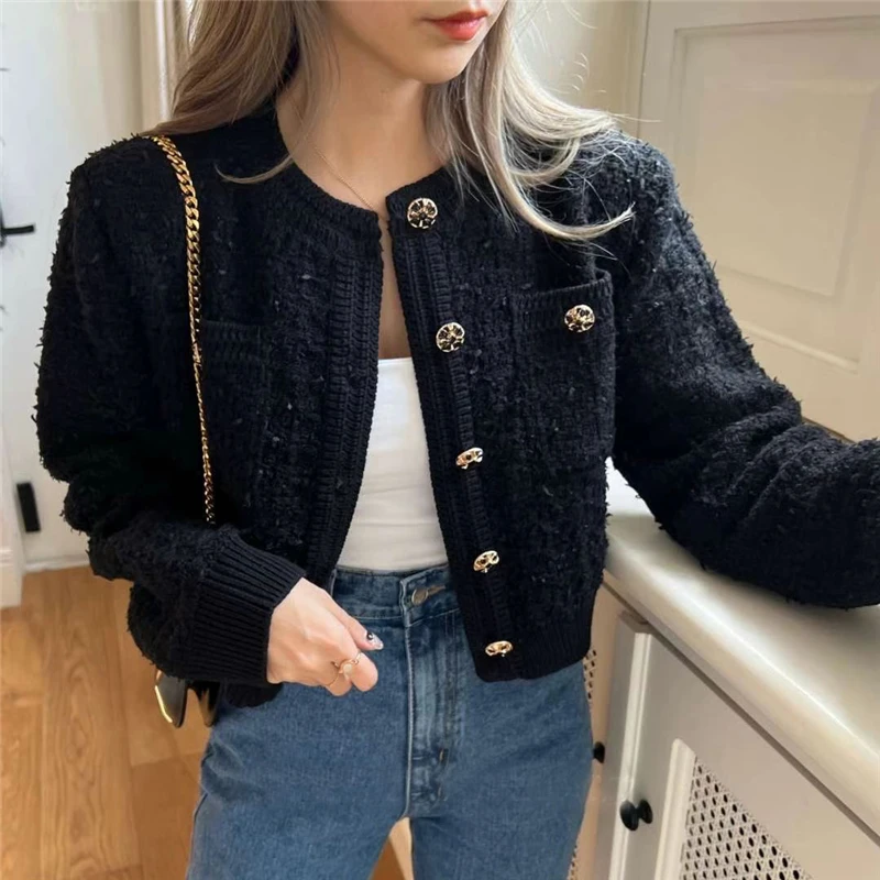 Circyy Tweed Blazer Women Coats 2023 Autumn New Single Breasted Long Sleeve O-Neck Crop Blazers