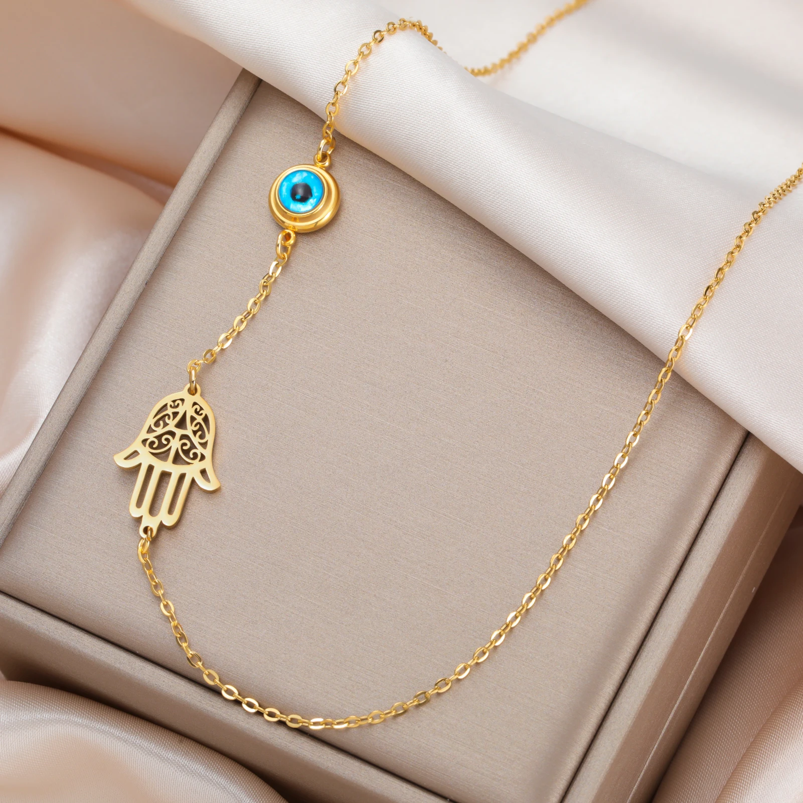 Minha forma turco hamsa mau olhado colares de aço inoxidável oco fatima mão  corrente gargantilha moda sorte jóias acessórios presente - AliExpress, image size:1601x1601