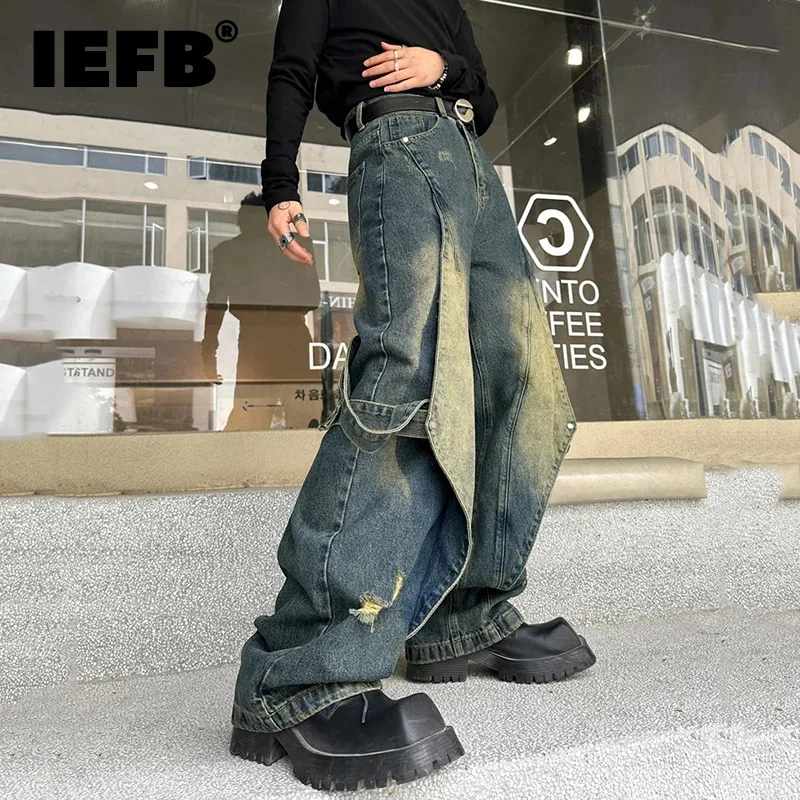 

IEFB Vintage Men's Baggy Jeans Autumn Winter Ribbon Niche Design Worn Out Loose Male Wide Leg Denim Pants 2023 Trend New 9C3265