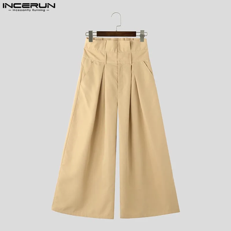 INCERUN Pleated Waist Design Wide Leg Pants Handsome Solid Color Trousers High Waist Simple Loose Oversized Male Bottoms 4