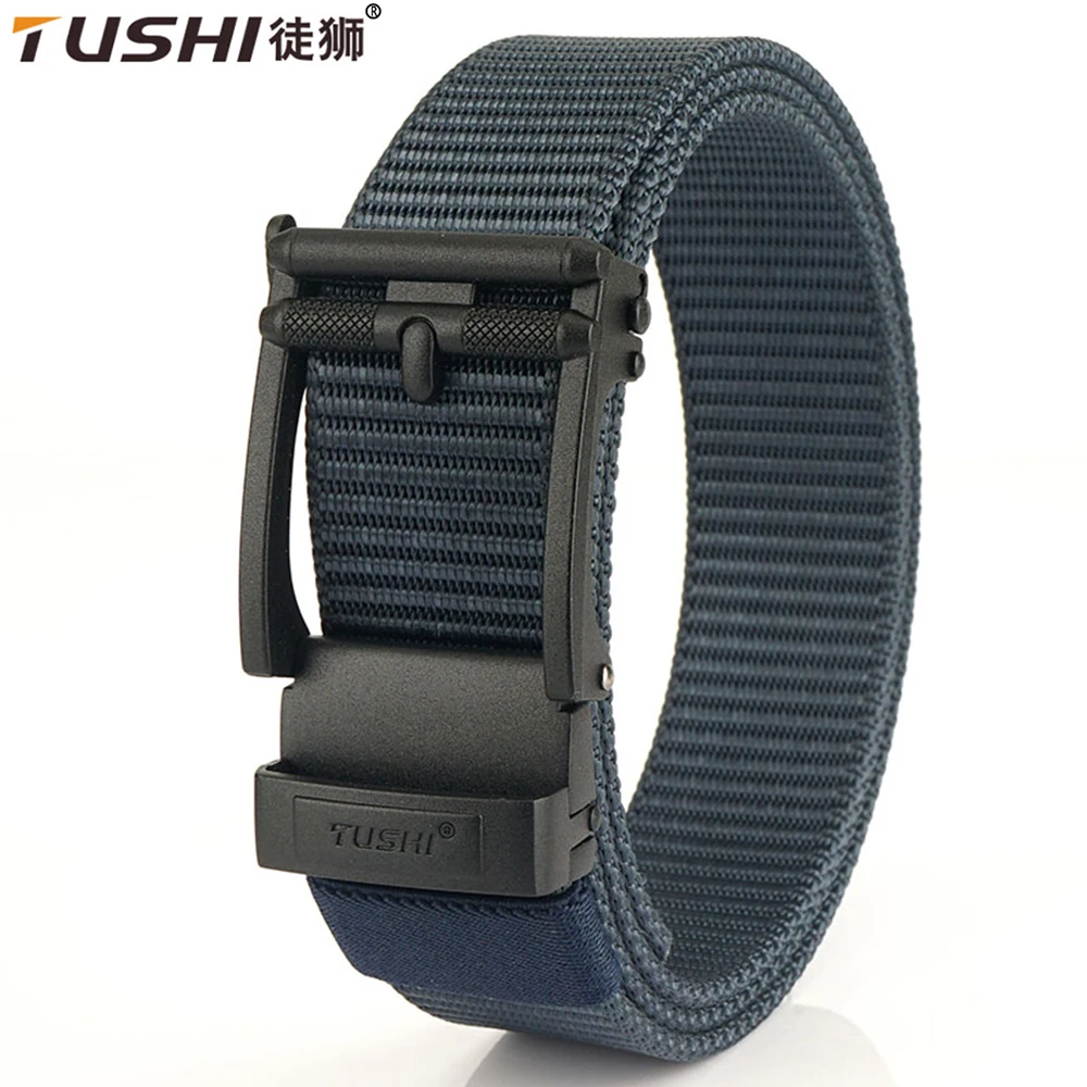 TUSHI New Luxury Designer Men’s Military Automatic Buckle Nylon Belts Top Quality Gray Beige Belts For Man Casual Waist Belt