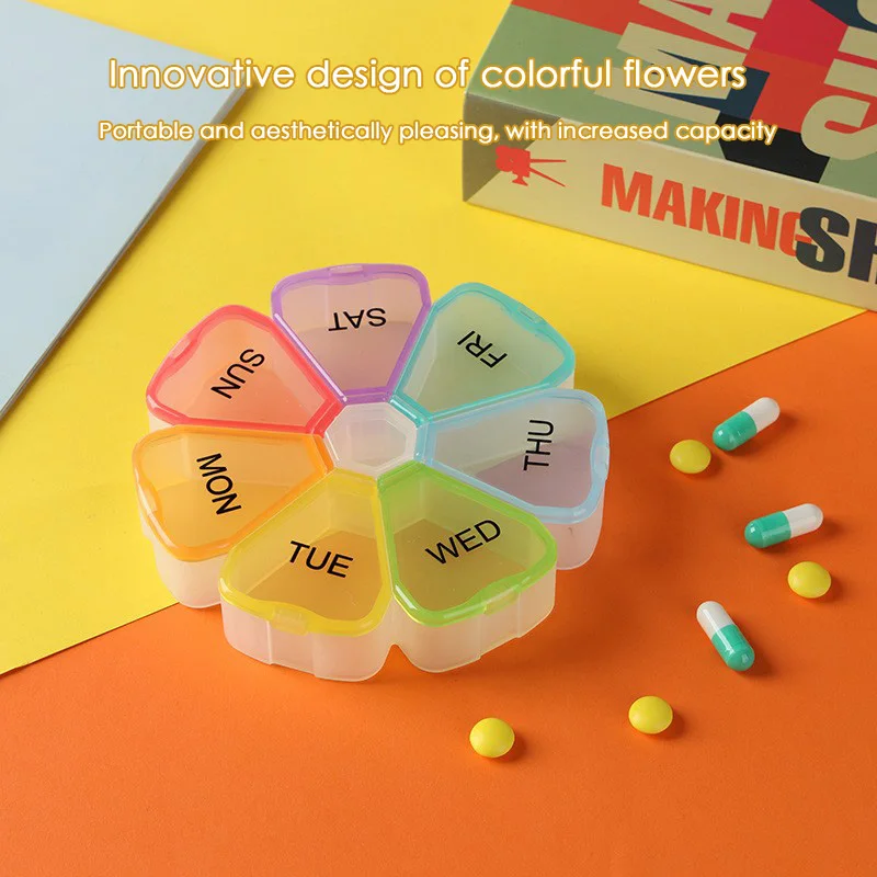 Circular Portable Seven Grid Medicine Box Transparent Colored Black and White Petal Tablets Storage and Packaging Medicine Box medicine storage box