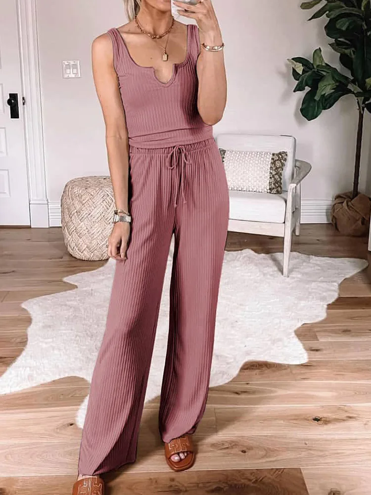 

2022 Outfits For Women Loungewear High Waist Drawstring Wide Leg Pants Ladies Matching Set V-Neck Sleeveless Vest Simple Suits